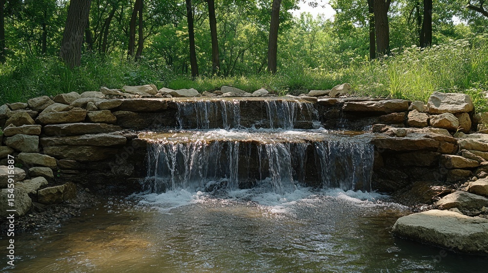 Naklejka premium Cascading waterfall feature nestled within a natural stone wall.