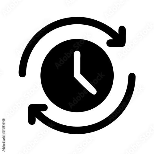 Modern black vector icon of a clock encircled by a circular arrow. Represents time management, scheduling, deadlines, and punctuality in business and daily life