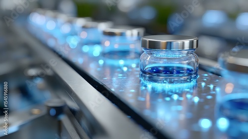 Wallpaper Mural Glass jar with blue liquid on automated pharmaceutical production line with glowing lights and metallic conveyor belt in modern manufacturing facility. Torontodigital.ca