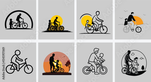 Parent Teaching Child to Ride a Bicycle Silhouette Illustration