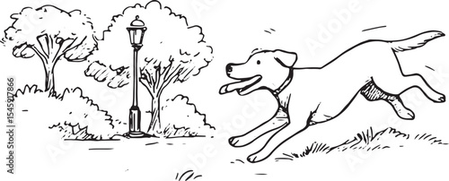 Dynamic black-and-white illustration of two puppies running together in a park, great for pet art or active kids' designs. Captures the excitement and friendship of canine playtime