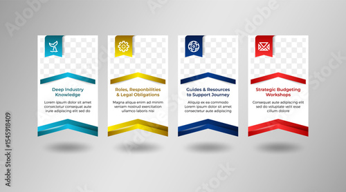 set of box page banner element for discribe infomation on website. infographic design elements with icon, photo space and text. up arrow element with retro flag with shadow effect.