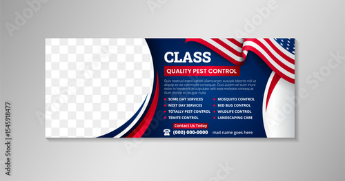 pest control partner, reliable expertise to combat pest and restore comfort to your space banner design template on horizontal layout. the concept combined with us flag and america colors with photo