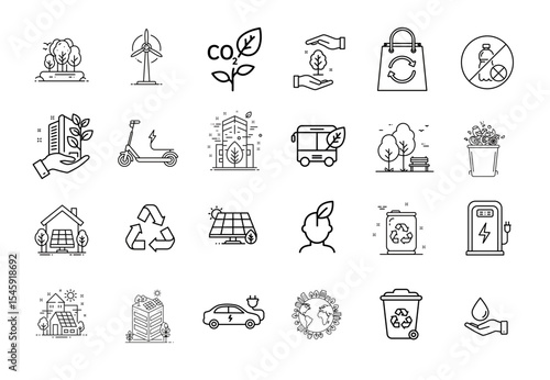 Green City Icon Set: Sustainable Urban Living, Ecology, and Renewable Energy - Modern Line Art Design for Eco-Friendly Concepts and Smart City Initiatives