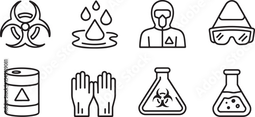 Hazardous waste and chemical safety icons: biohazard, protective gear, and laboratory symbols