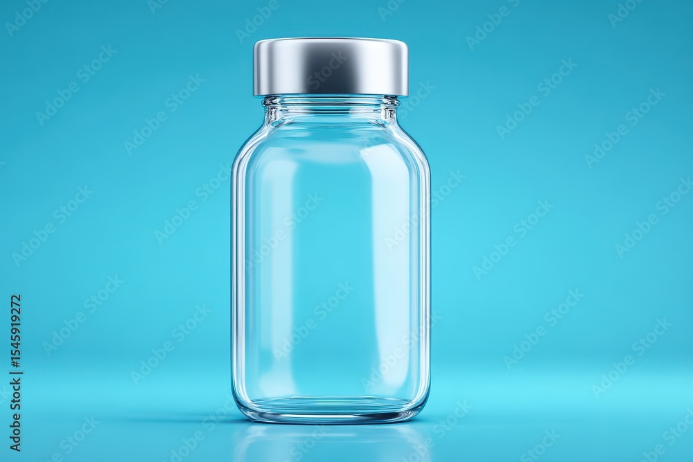 A clear glass jar with a silver lid is set against a solid blue background, showcasing the jar A clear glass jar with a silver lid is set against a solid blue background, showcasing the jar