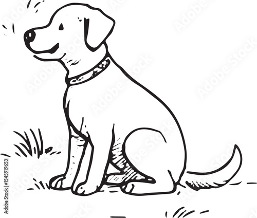 Charming black-and-white drawing of a puppy sitting in a park, ideal for pet art or nursery decor. Depicts a cute, attentive moment in a peaceful outdoor setting
