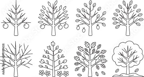 Four seasons trees and sustainable environment icons: renewable energy, nature, and pollution control symbols