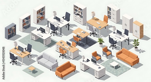 Isometric office furniture set including desks chairs sofas bookshelves and plants
