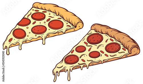 Two slices of pepperoni pizza with melted cheese and crusty edges on a white background image view