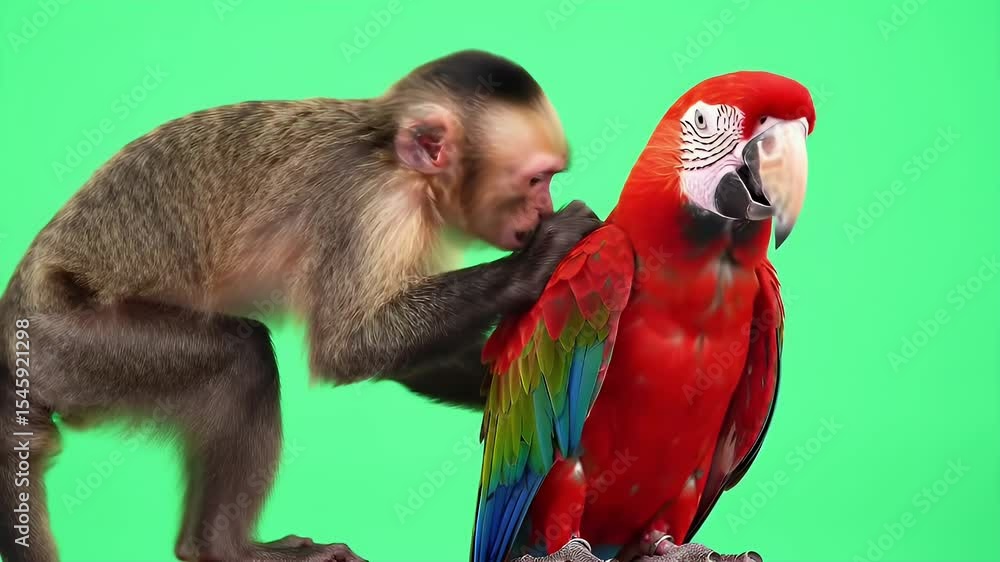 Monkey Grooming a Red Macaw Isolated by Green Screen Background ...