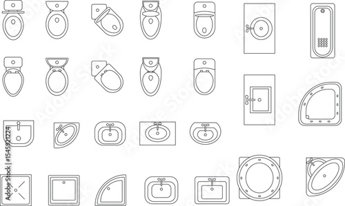 Washroom Furniture, luxury bathroom furniture, architectural interior design, commode, basins, shells, toilets, bidets, urinals, showers, ceramic furniture, customizable stroke, vector, illustration