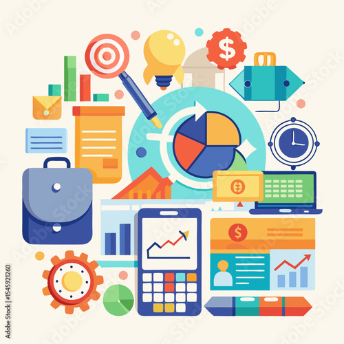 Comprehensive Illustration of Money Management Showcasing Tools and Strategies for Budgeting, Saving, Investing, and Achieving Financial Stability
