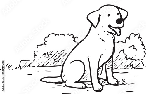 Charming black-and-white drawing of a puppy sitting in a park, ideal for pet art or nursery decor. Depicts a cute, attentive moment in a peaceful outdoor setting