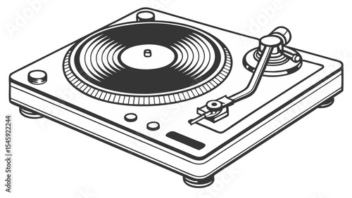 Isometric view of a vinyl record player with a stylus arm and buttons in a monochrome style drawing