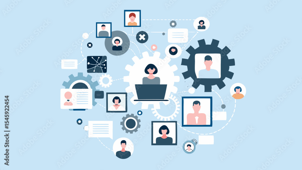 Connected People Network with Gears and Communication Icons on Light Blue Background Connected People Network with Gears and Communication Icons on Light Blue Background