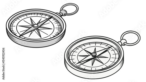 Two navigational instruments with a needle and dial pointing north for direction finding and travel