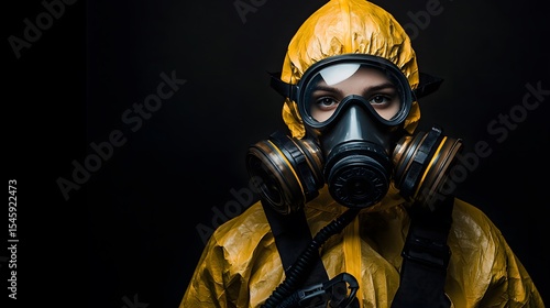 A close-up portrait reveals a woman's determined gaze from behind a full-face gas mask and hazmat suit; the stark black background emphasizes the seriousness of her protective gear