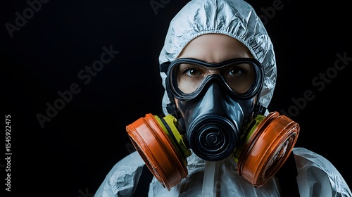 A close-up portrait reveals a determined woman wea a protective gas mask and hazmat suit, her serious gaze conveying a sense of urgency and preparedness for hazardous