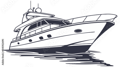 A detailed graphic of a luxury yacht with multiple decks sailing on water with visible reflection