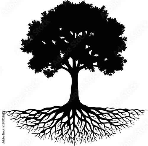 Majestic Black Tree Silhouette with Extensive Roots Nature Illustration Design