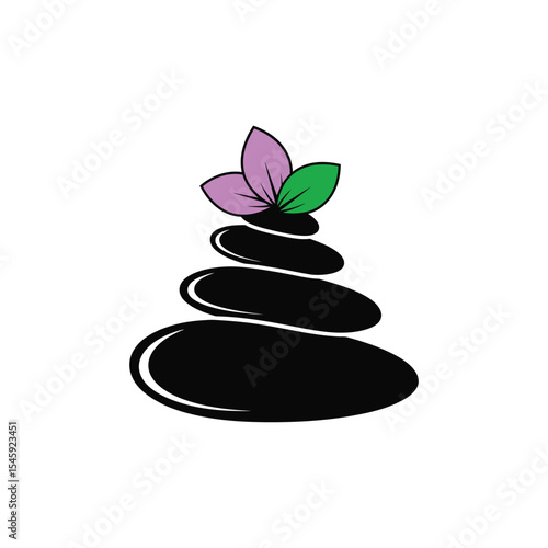 Stacked Black Stones with Purple and Green Flower stacked stones