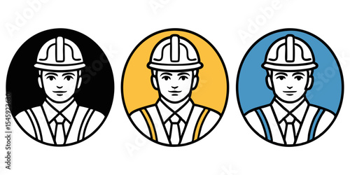 Three portraits of a man wearing a hard hat and suspenders in oval frames with different backgrounds