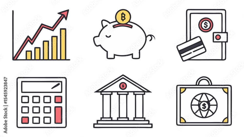Fototapeta premium Financial themed icons showing a graph, piggy bank, wallet, calculator, bank, and briefcase