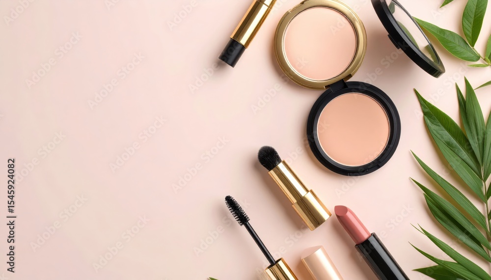 Makeup Cosmetics on Neutral Background, Top View Makeup Cosmetics on Neutral Background, Top View