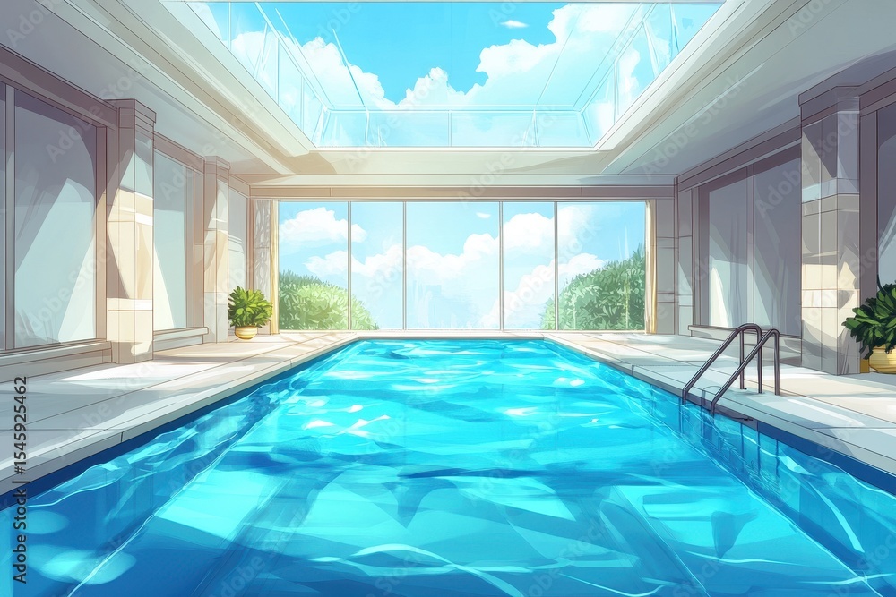 Obraz premium Elegant indoor swimming pool design featuring large windows and bright blue water in a modern space, swimming pool building concept, seamless Photo background, cartoon anime style