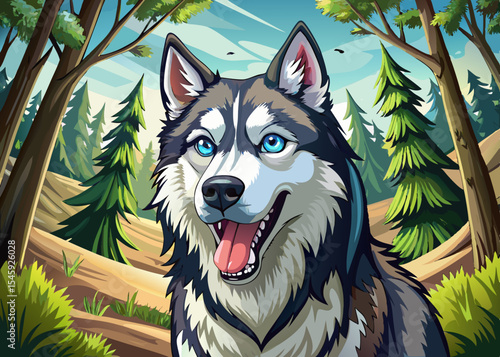 eager husky with open mouth and tilted head in a forest vector perfect for pet lovers, nature scenes, or energetic character design
