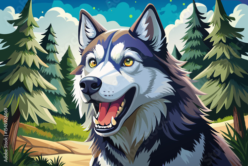 eager husky with open mouth and tilted head in a forest vector perfect for pet lovers, nature scenes, or energetic character design