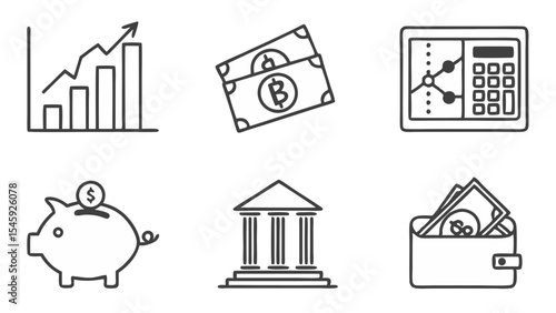 Depiction of financial growth with a graph, currency, safe, piggy bank, bank, and a wallet icon set