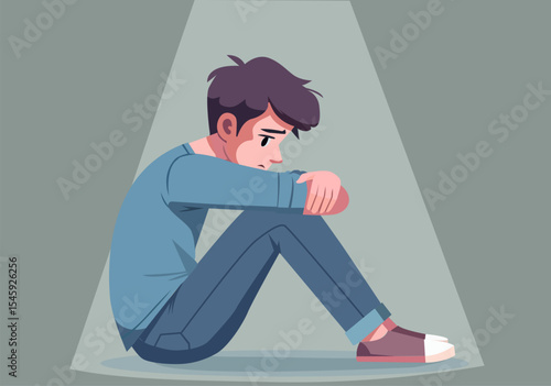 A young man sits hugging his knees in a sad or anxious mood.