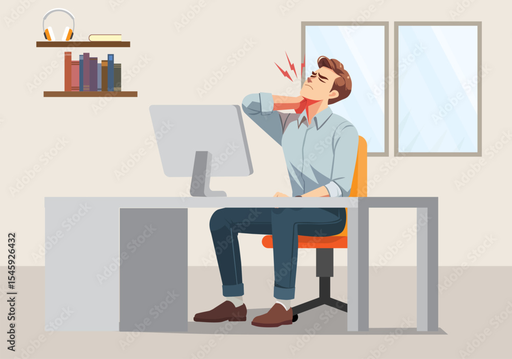 Obraz premium Illustration of a man sitting holding his neck, indicating pain in his cervical spine.