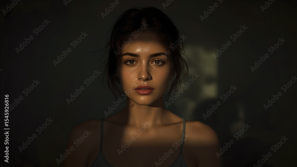 Naklejka premium Dramatic Close Up Portrait of a Young Woman with Wet Skin and Hair