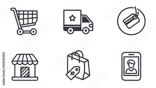 Assorted shopping related icons featuring a cart truck card store bag and person on a mobile device