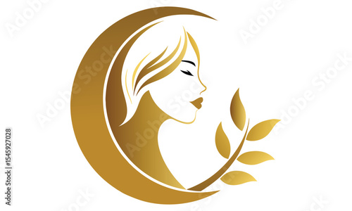 Elegant golden woman profile with olive branch logo design for beauty salon spa or cosmetics brand
