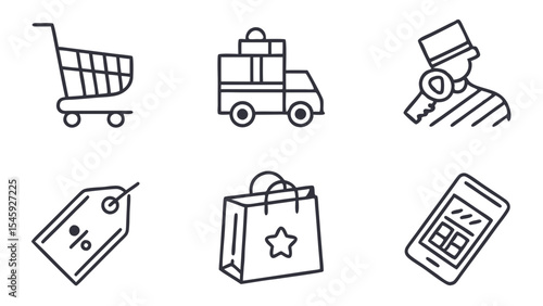Collection of shopping related icons including a cart, delivery truck, and cashier line drawing
