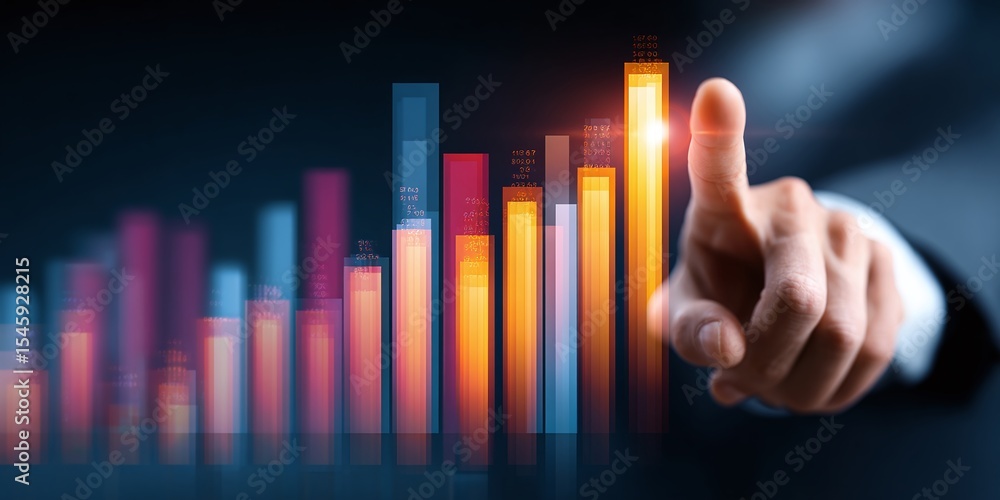 Business growth visualized through colorful bar graph. Hand interacts with the data, representing analysis and progress. Success and technology intermix. Business growth visualized through colorful bar graph. Hand interacts with the data, representing analysis and progress. Success and technology intermix.
