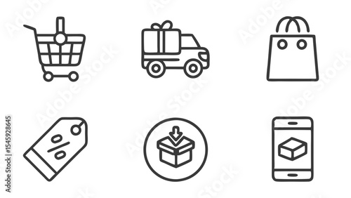 Line drawings depicting shopping cart, delivery truck, shopping bag, price tag and mobile commerce