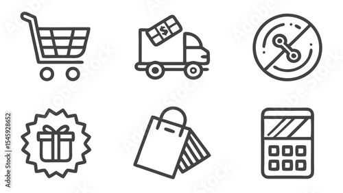 Collection of shopping themed line icons featuring a cart delivery truck gift and other related items
