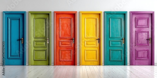 Colorful Doors: A row of six vibrant doors in blue, green, red, yellow, teal, and purple against a white wall, offering a variety of choices and design.