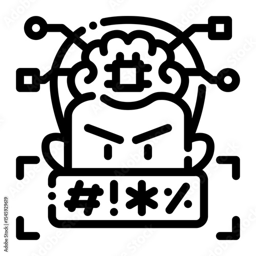 AI brain angry face with profanity censorship in black and white style