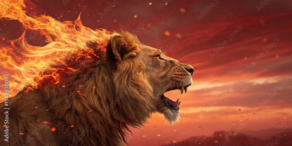 Naklejka premium Blazing Roar-Majestic Lion with Burning Mane