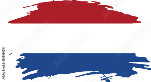 Grunge brush painted flag of Netherlands in horizontal red, white, and blue stripes on white background

