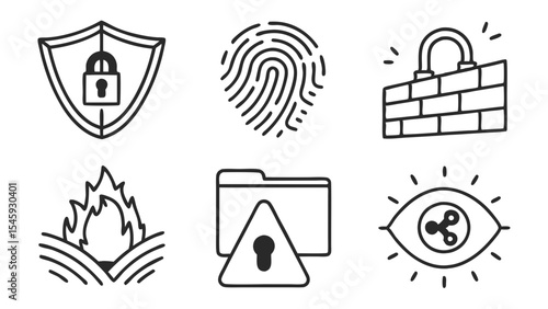 Collection of security themed icons depicting shield, fingerprint, firewall, fire, folder and eye