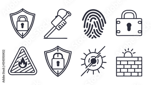 Collection of security themed graphical elements including locks shields and a fingerprint design