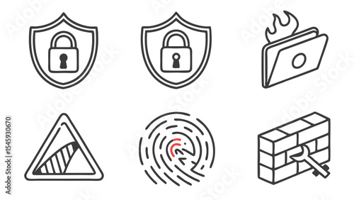Collection of security themed graphic elements including shields, folder on fire, and fingerprint