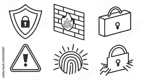 Collection of outline symbols representing security measures and data protection concepts in black and white